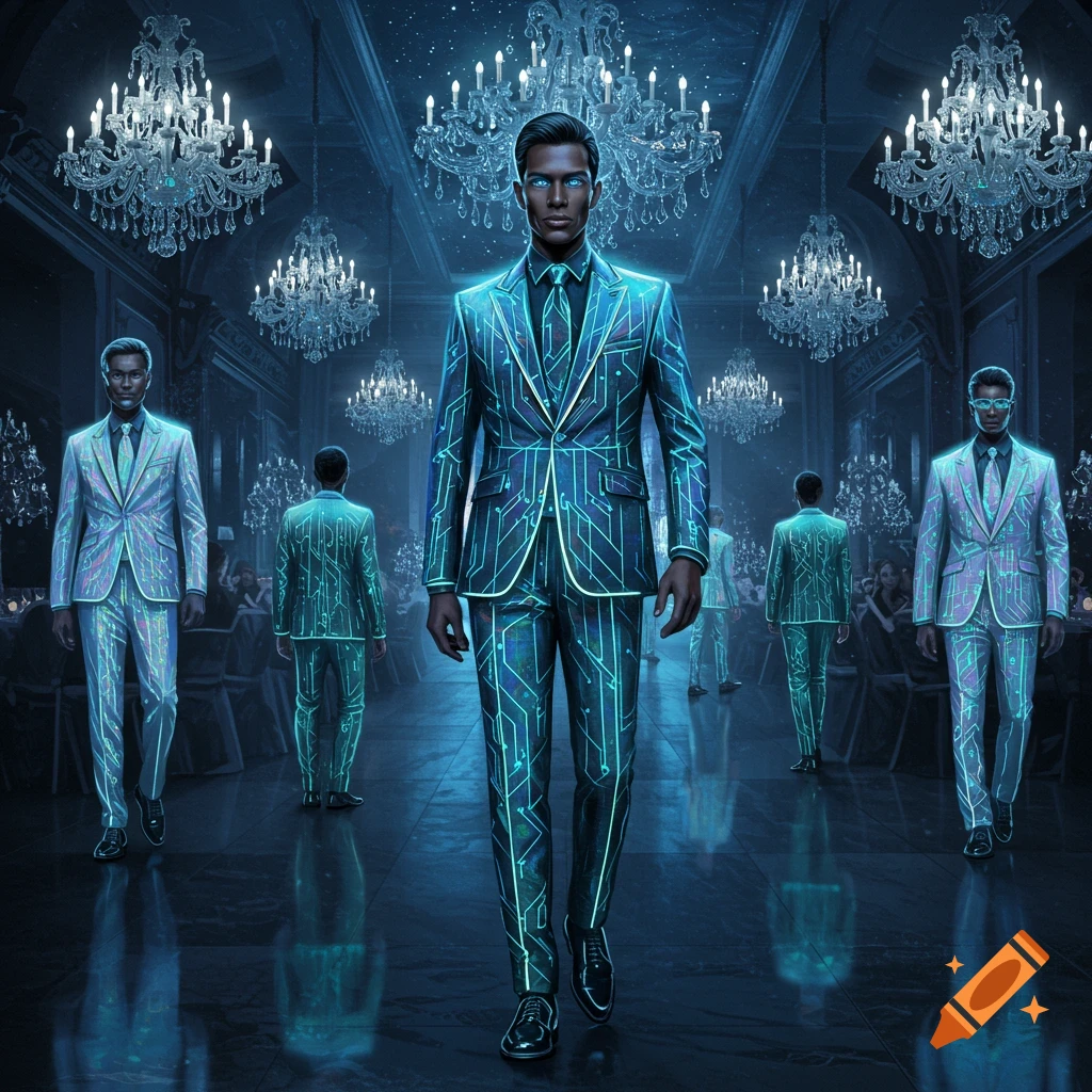 Men in glowing circuit-patterned futuristic suits walk through a grand ballroom lit by chandeliers.