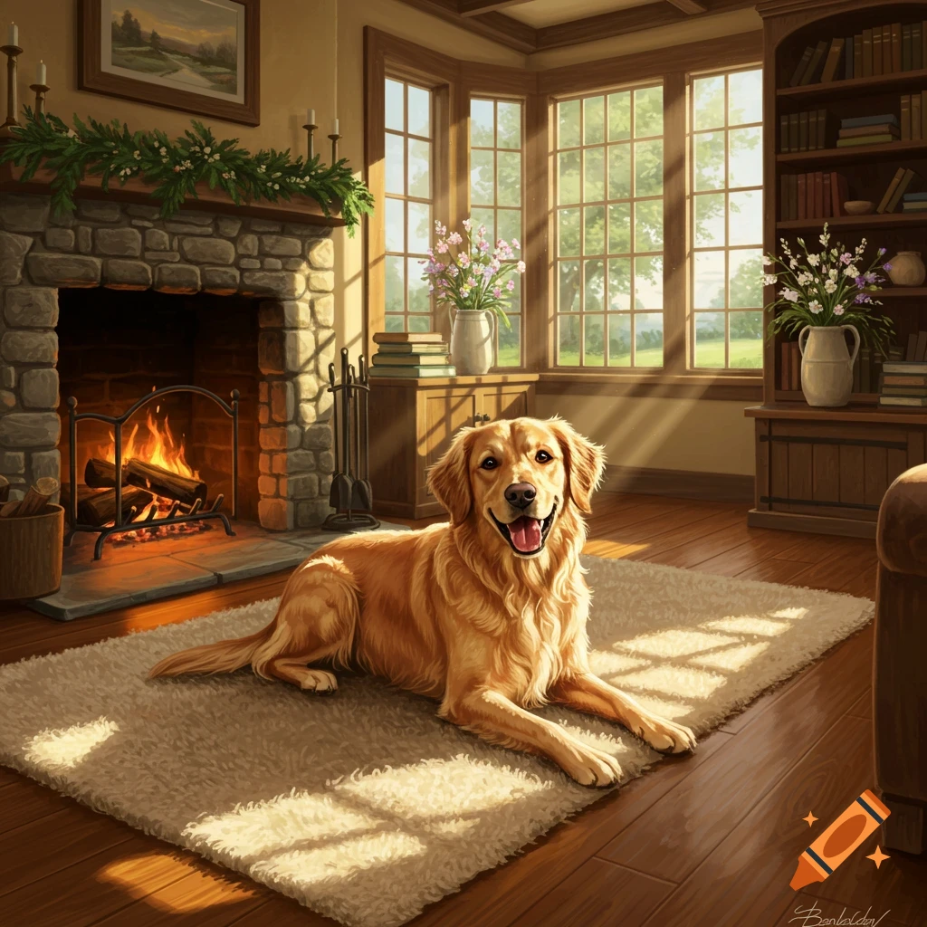 A golden retriever lies on a rug in a sunlit living room with a fireplace and large windows.