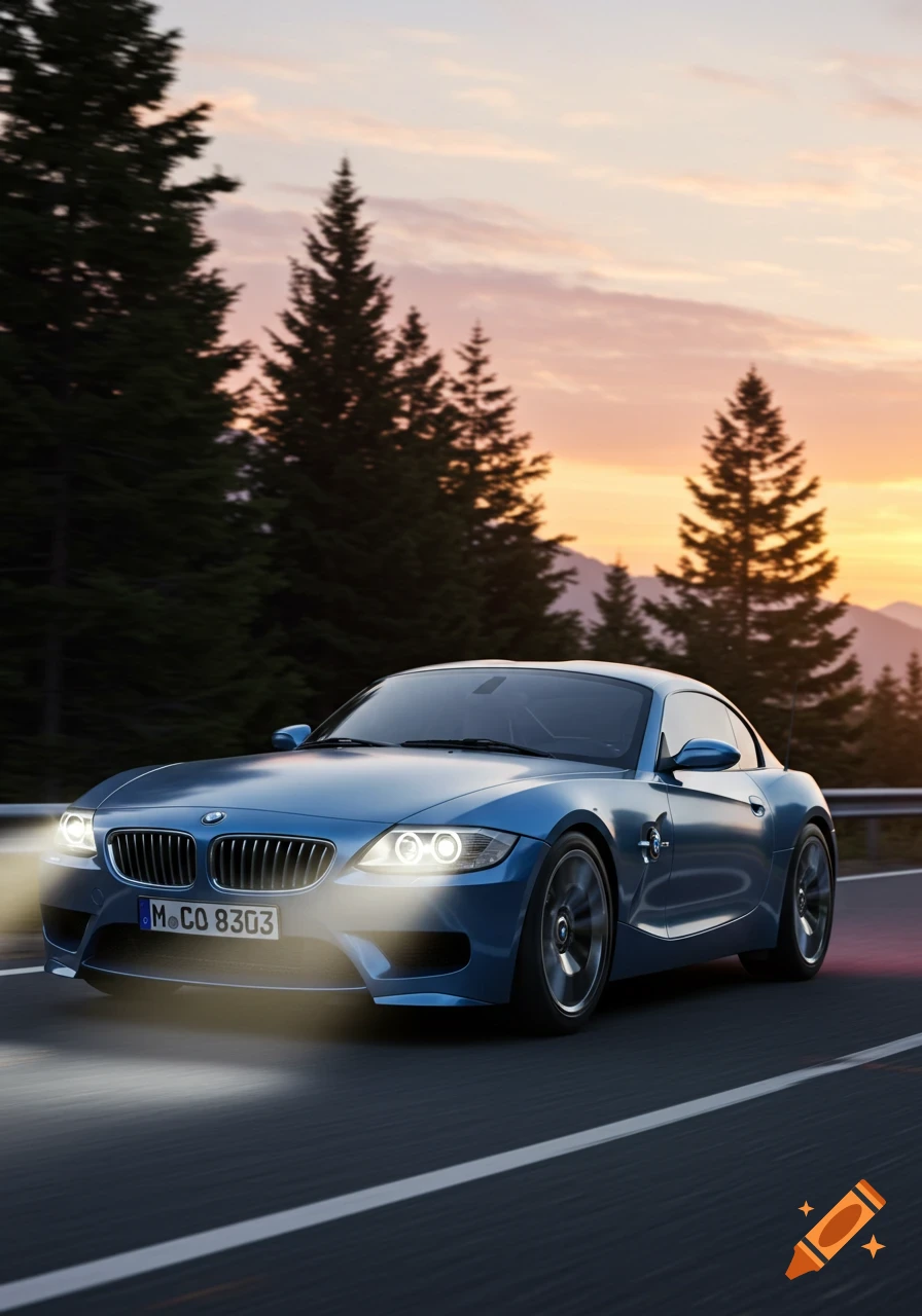 A blue BMW Z4M coupe drives on a winding road through a forest at sunset, with headlights on.
