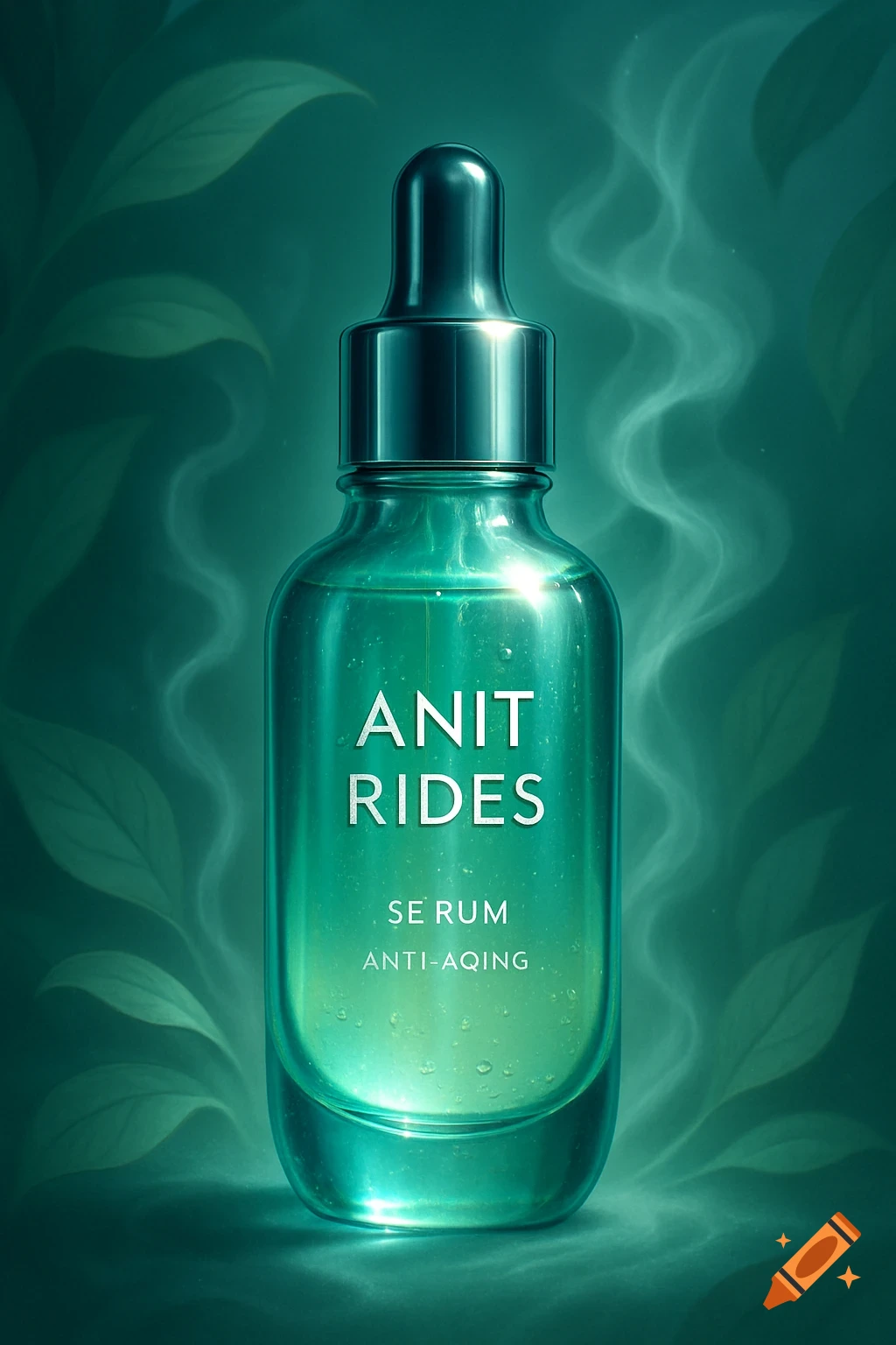 Photorealistic image of a green glass dropper bottle for a serum against a dark green background with subtle leaf patterns and smoke.