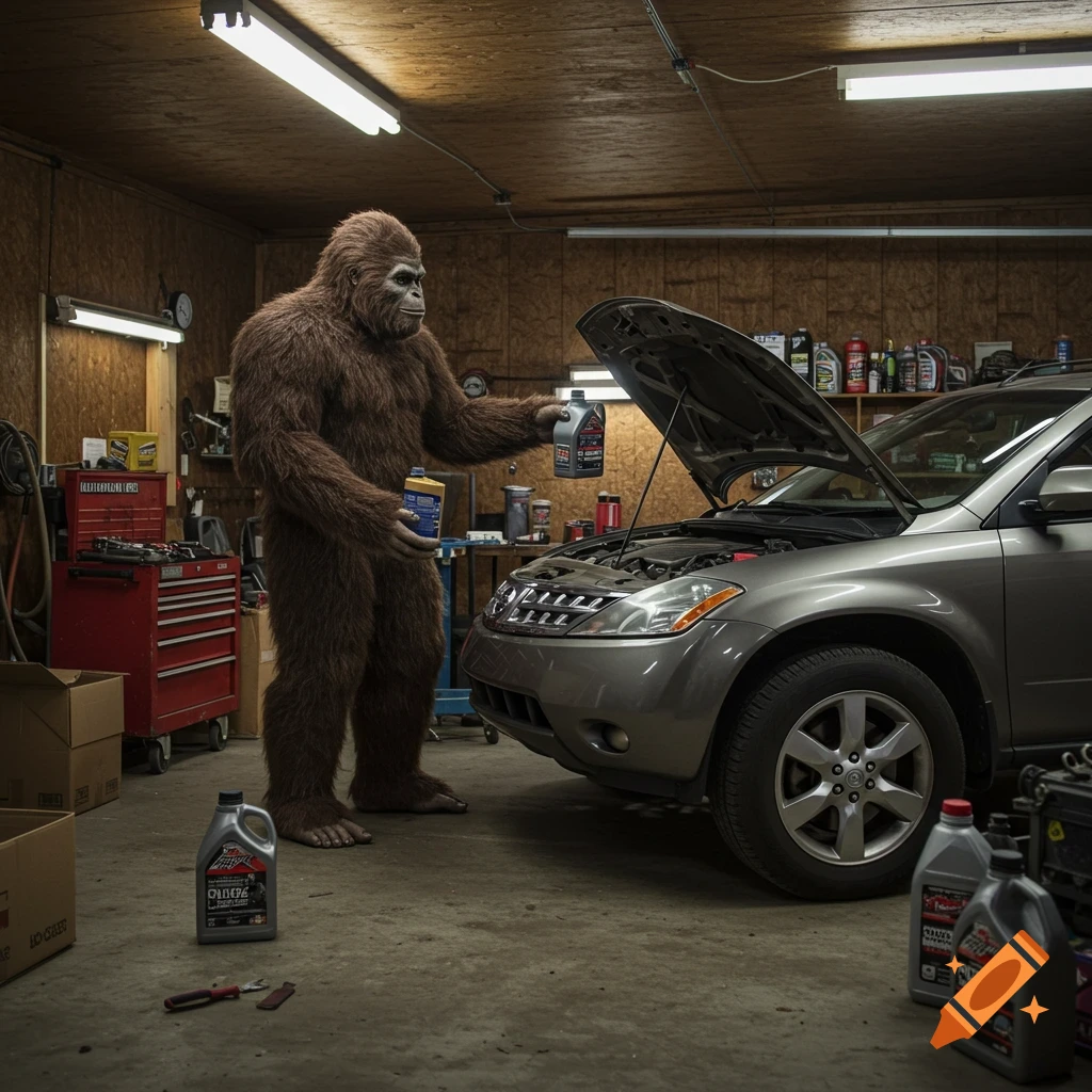 Photorealistic image of Bigfoot holding oil bottles, standing next to a 2006 Nissan Murano with its hood open in a garage, appearing to change the oil.
