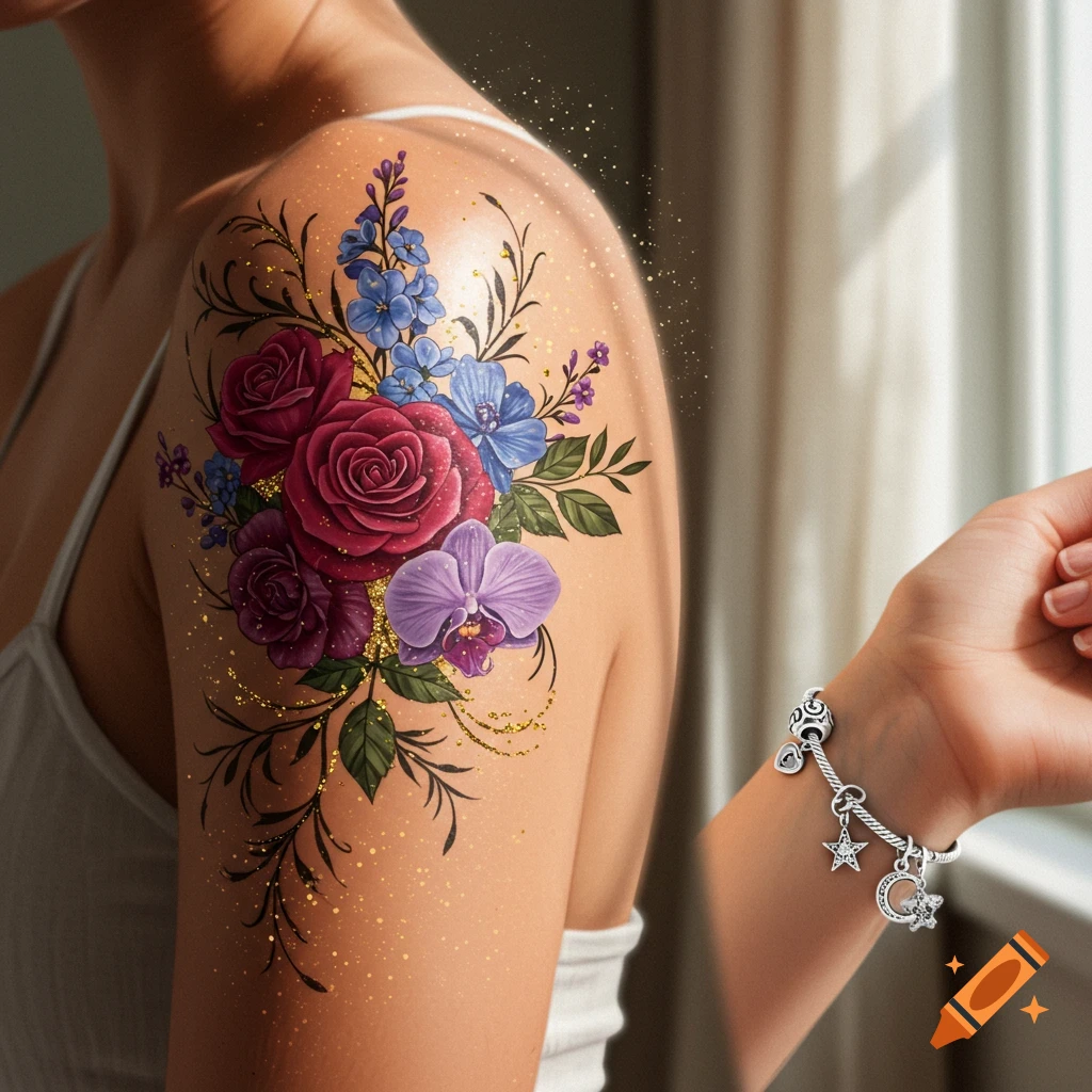 A woman's shoulder with a vibrant floral tattoo featuring roses and orchids, and her wrist adorned with a silver charm bracelet.
