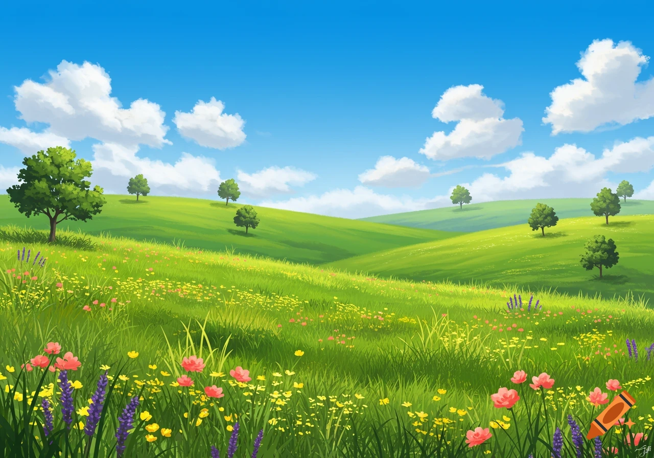 Vibrant illustration of rolling green hills covered in wildflowers under a bright blue sky with fluffy clouds and scattered trees.