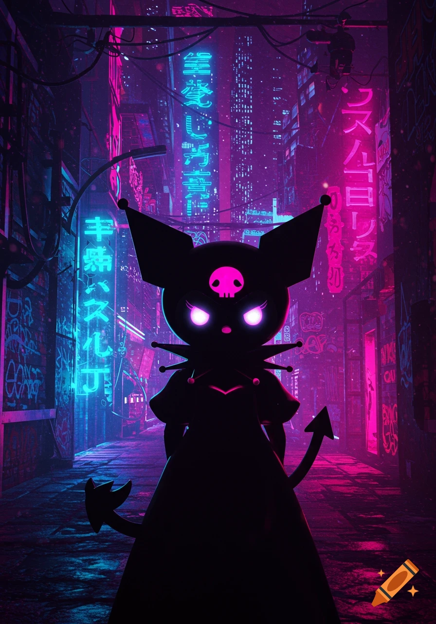 A dark, silhouetted character with glowing pink eyes stands in a vibrant cyberpunk city alley illuminated by neon pink and blue signs.