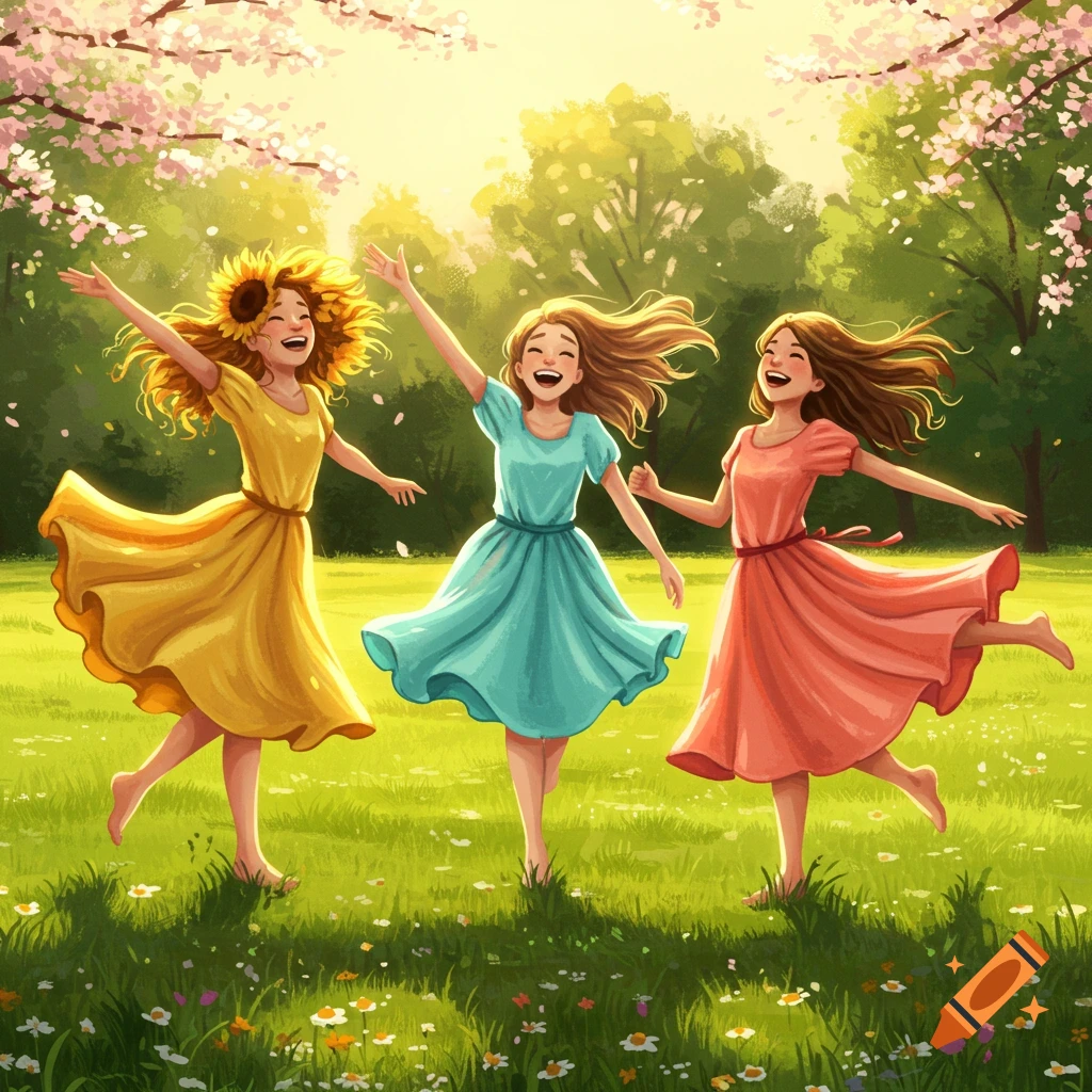 Three joyful girls in colorful dresses dance barefoot in a sunny field under blossoming trees, in an illustrative style.