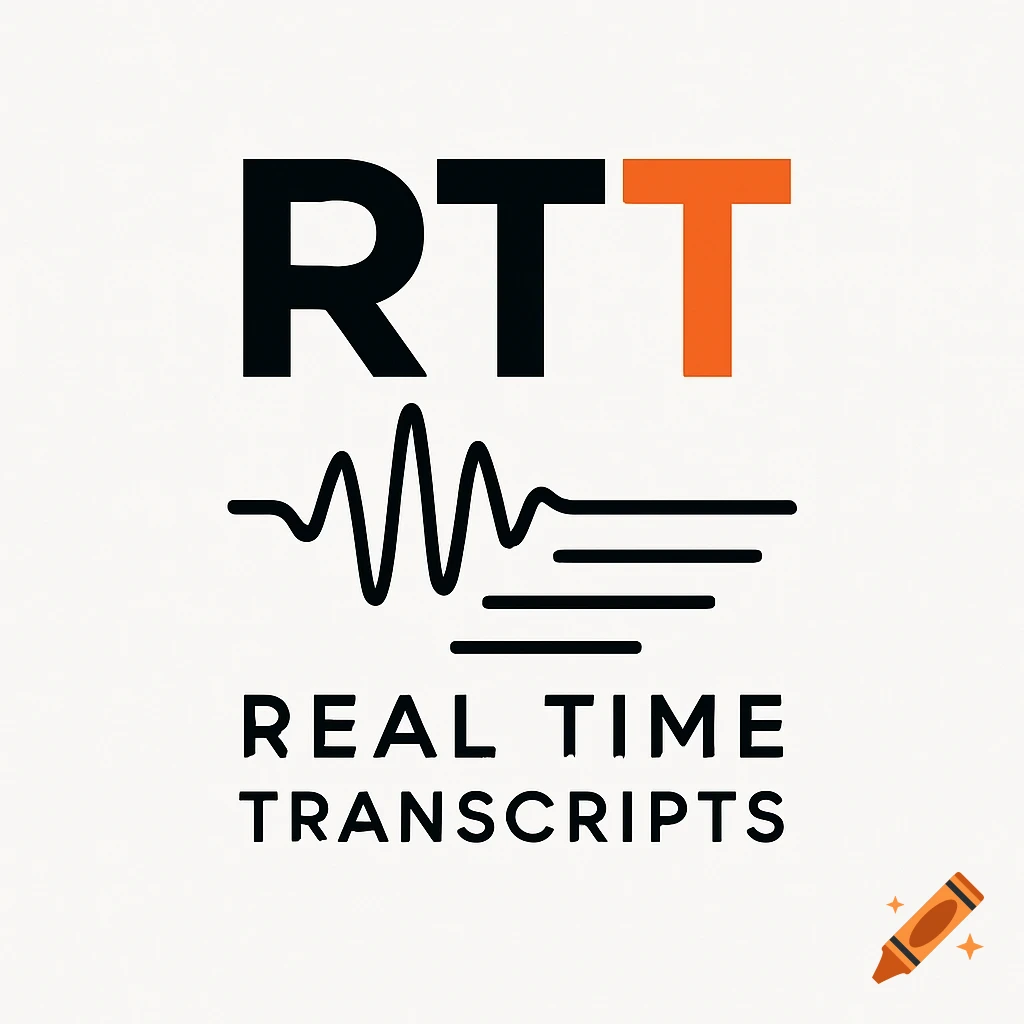 A logo for Real Time Transcripts with black 'RT' and an orange 'T' above a waveform graphic, and 'REAL TIME TRANSCRIPTS' below.