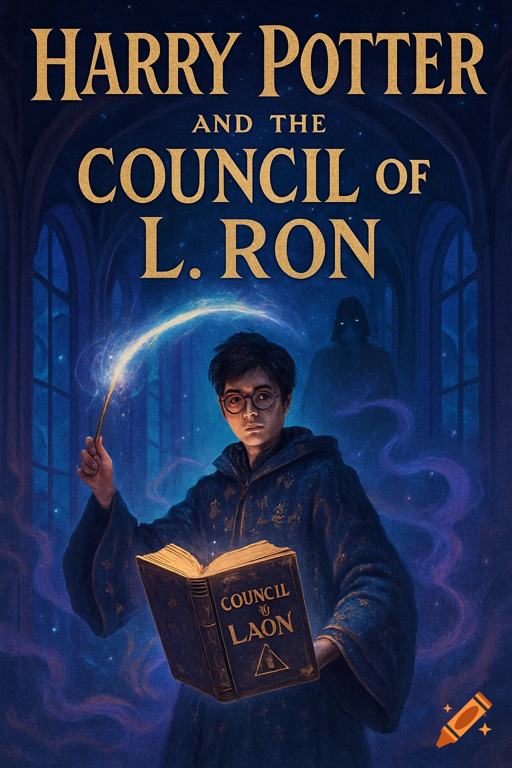Book cover for 'Harry Potter and the Council of L. Ron' showing Harry Potter holding a glowing book and wand in a castle.