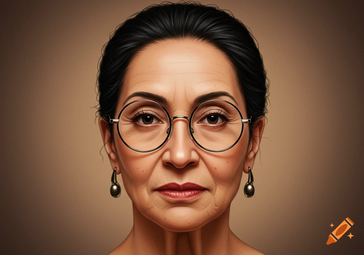 Close-up photorealistic portrait of a mature woman with black hair in a bun, wearing round glasses and earrings.