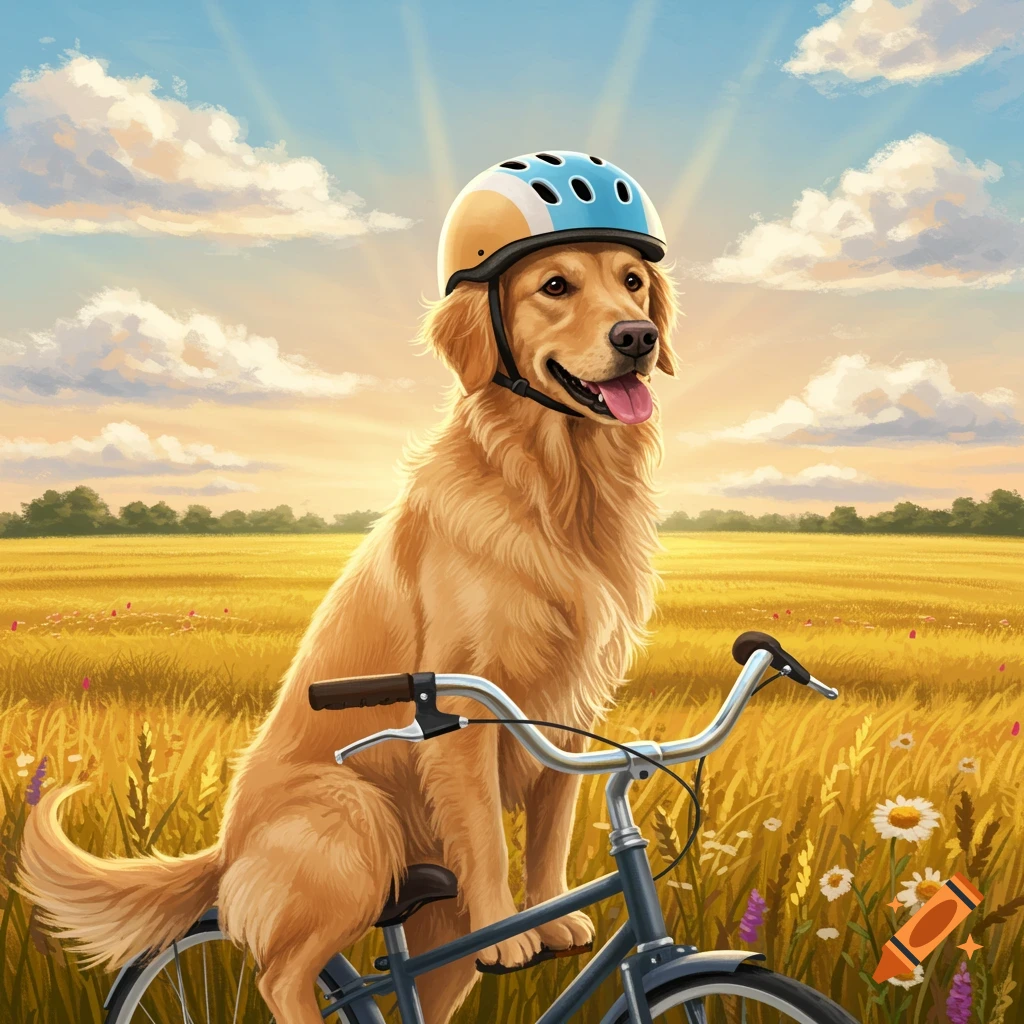 A happy Golden Retriever wearing a blue and orange bike helmet sits on a bicycle in a field of golden wheat at sunset.
