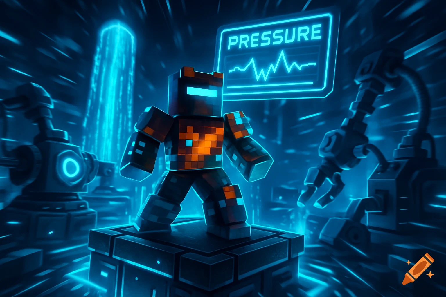 Blocky robotic character in a neon blue, futuristic lab with a 'PRESSURE' screen, digital art.