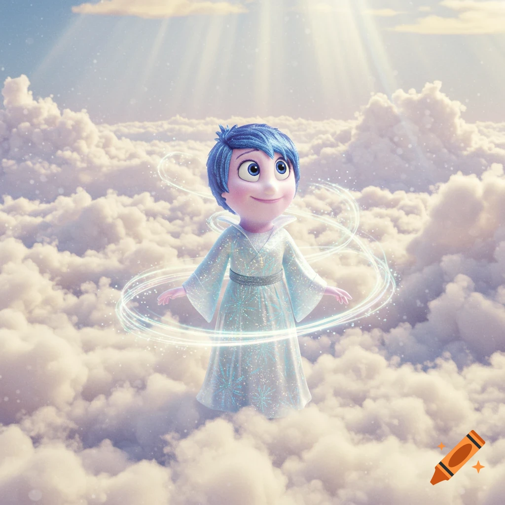 A blue-haired cartoon character resembling an 'Inside Out' emotion, wearing a sparkly white dress, smiles while floating among fluffy clouds with light rays and glowing rings.