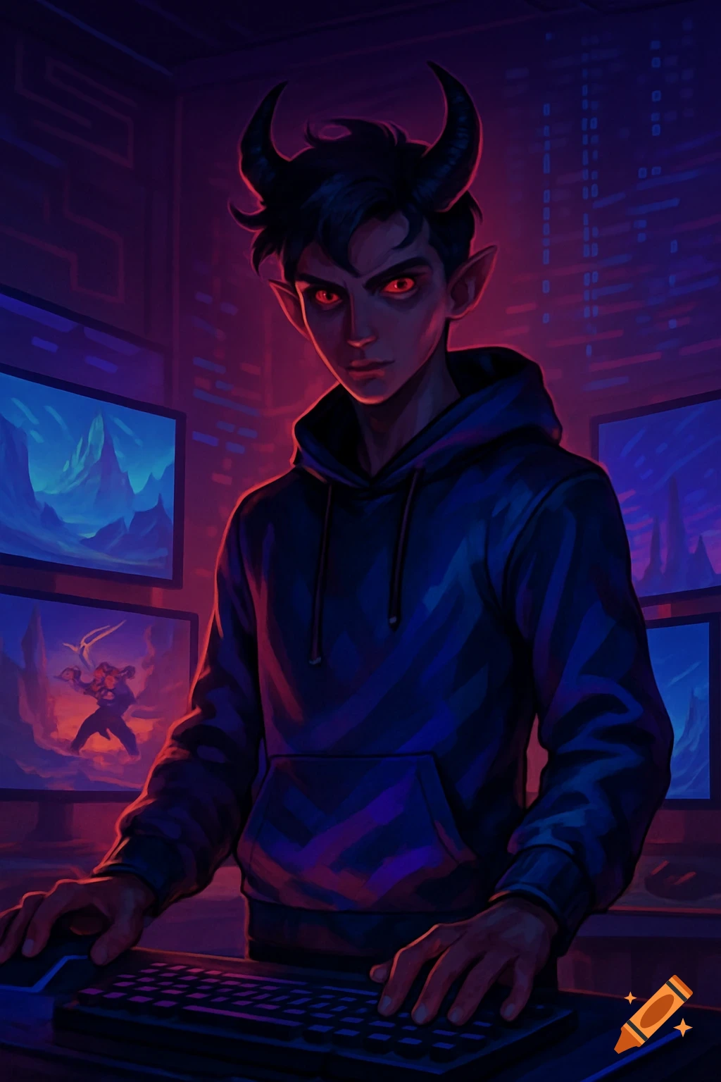 A stylized digital art portrait of a demon boy with red eyes and horns, sitting at a multi-monitor computer setup illuminated by neon lights.