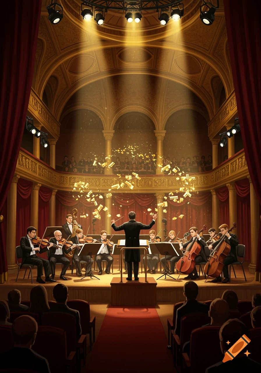 A symphony orchestra performs on stage in a grand concert hall with golden light and floating musical elements.