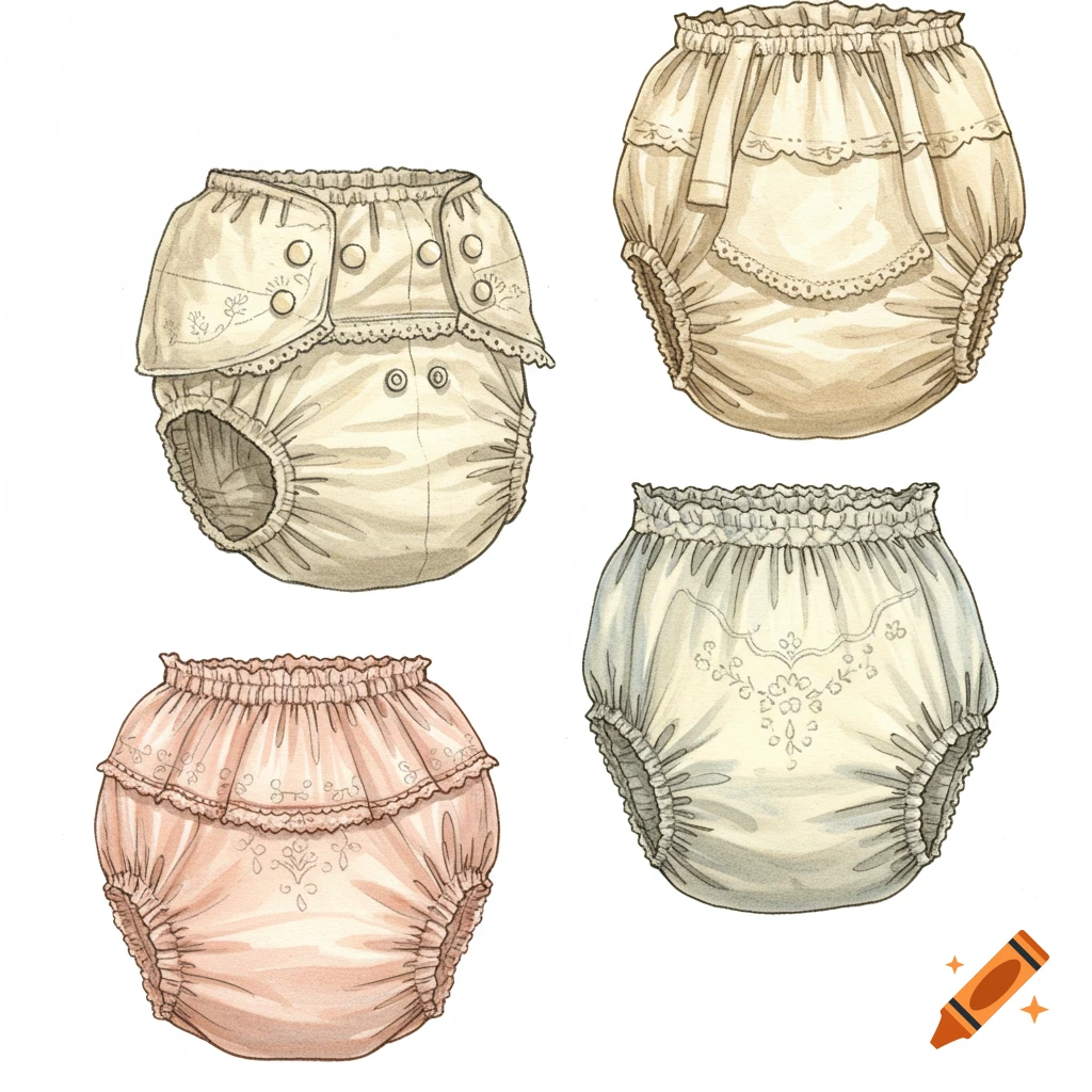 Four illustrations of vintage baby bloomers or cloth diapers in various styles, rendered in a watercolor and sketch art style.