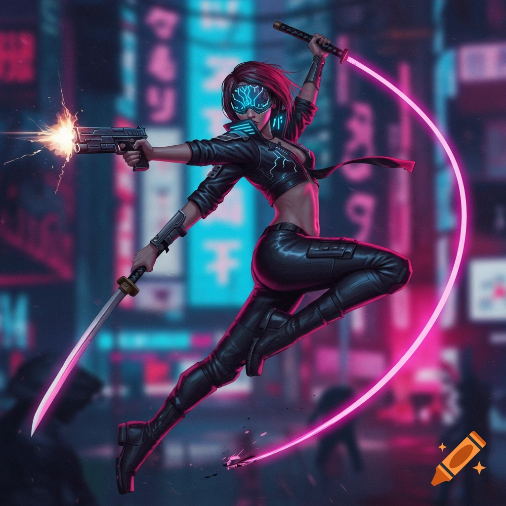 A dynamic cyberpunk woman in a crop top and leather, wearing a glowing cyber visor, leaps while firing a pistol and wielding a neon pink katana in a futuristic city.