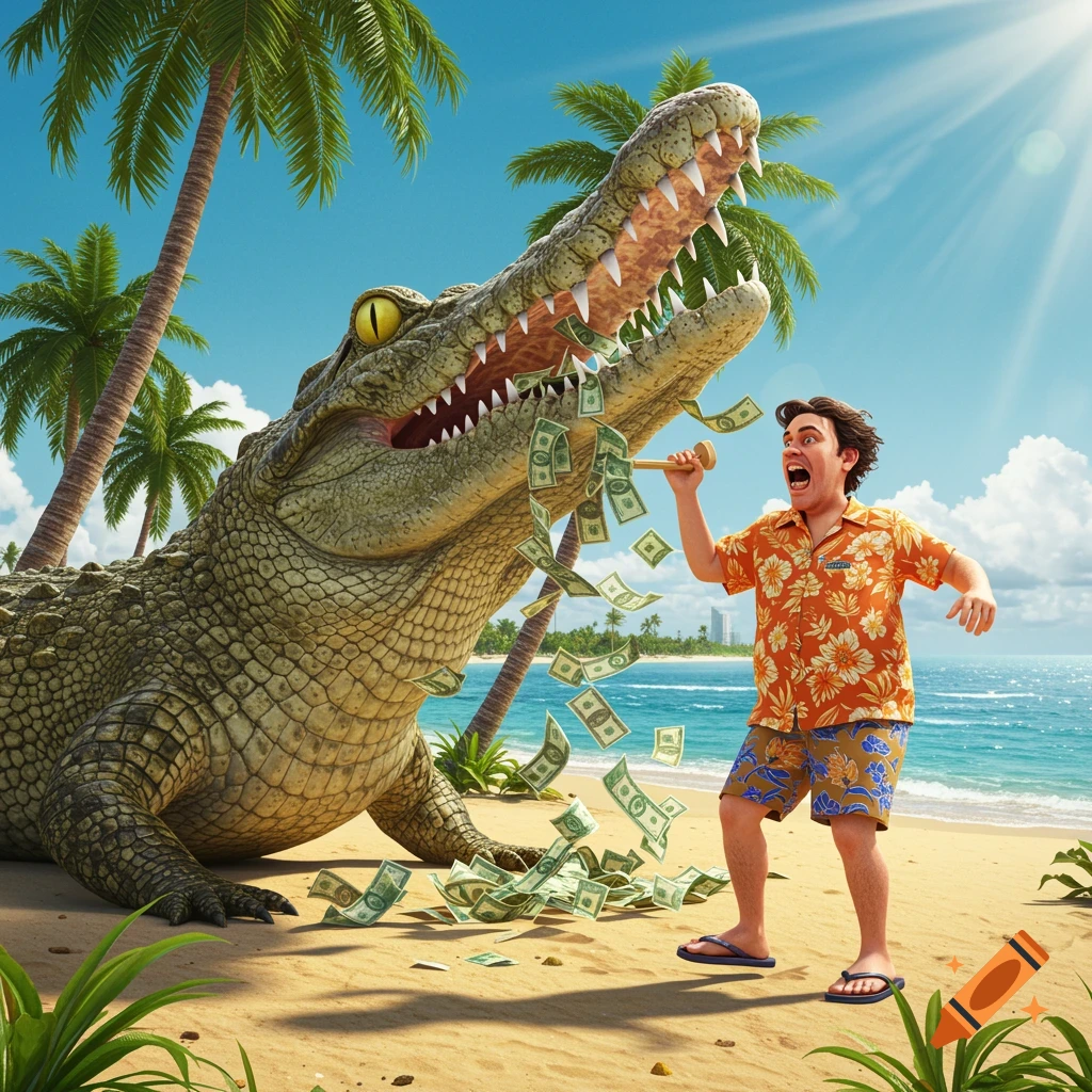 A giant crocodile with its mouth open spews money onto a sunny beach where a man in a Hawaiian shirt reacts in shock.