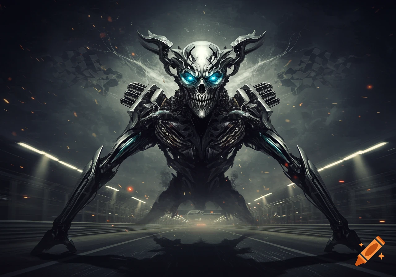 A menacing, biomechanical monster with glowing blue eyes stands on a dark F1 race track.