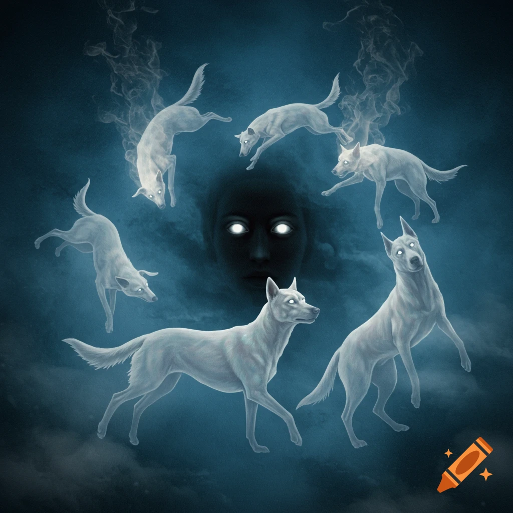 A mysterious dark face with glowing eyes is encircled by six ethereal, ghost-like white dogs against a smoky blue background.