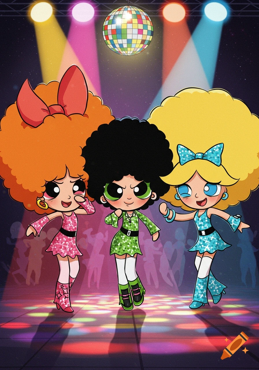 The Powerpuff Girls, Blossom, Buttercup, and Bubbles, in disco outfits and afros, dancing at a disco party in their cartoon style.