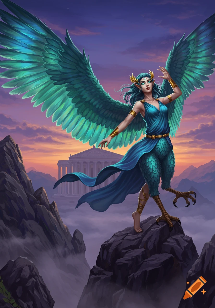 A blue-winged harpy woman with bird legs stands on a mountain peak overlooking an ancient Greek temple at sunset, in an illustration style.