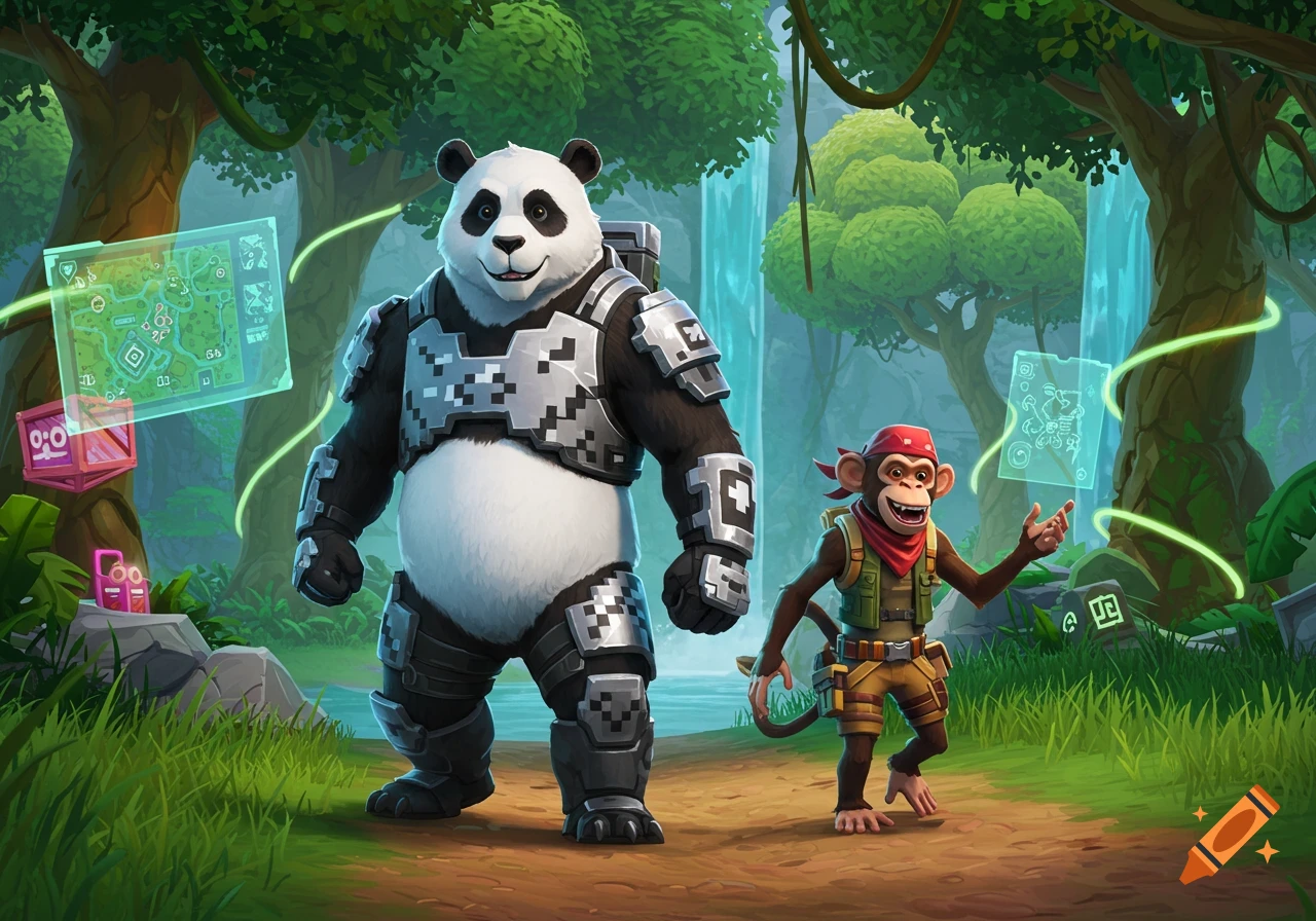 A cartoon panda in pixelated armor and a monkey in a red bandana stand in a lush jungle with holographic maps.