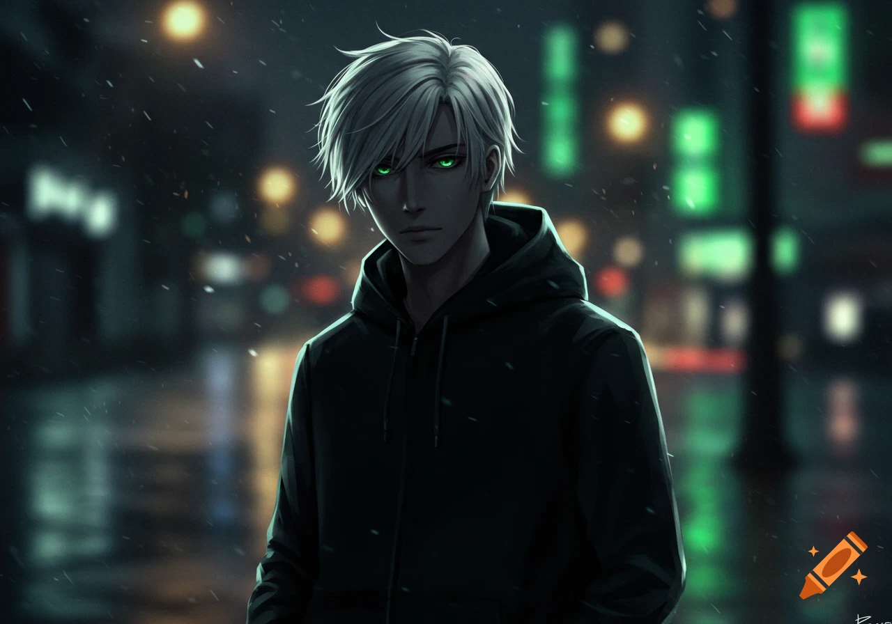 Anime-style young man with white hair and glowing green eyes in a black hoodie, standing in a rainy city at night.