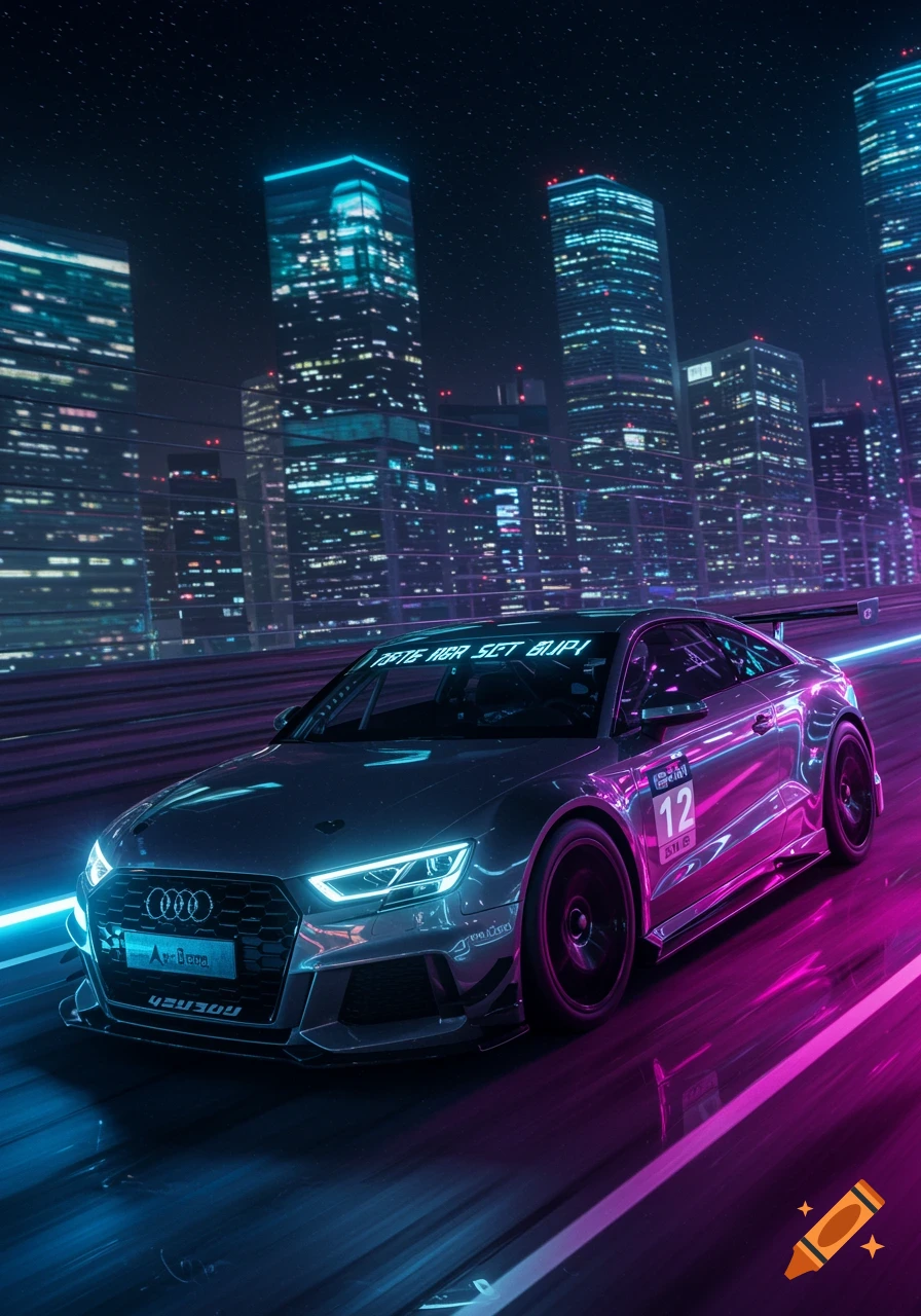 A futuristic gray Audi RS3 sports car with neon blue and pink lights races through a city at night, reflecting the glowing skyscrapers and motion blur on the road.