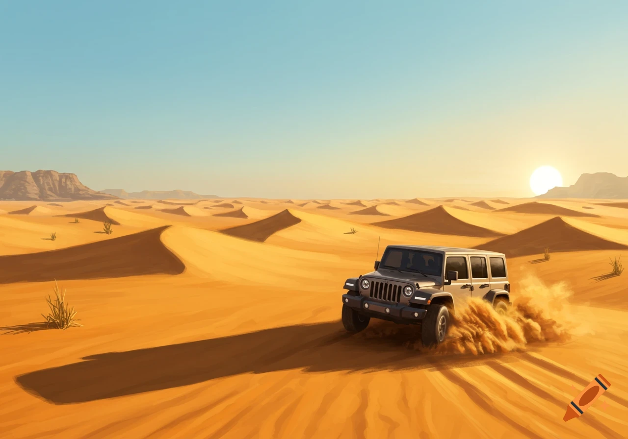 A grey Jeep drives through golden desert dunes, kicking up dust under a clear sky with a bright sun.