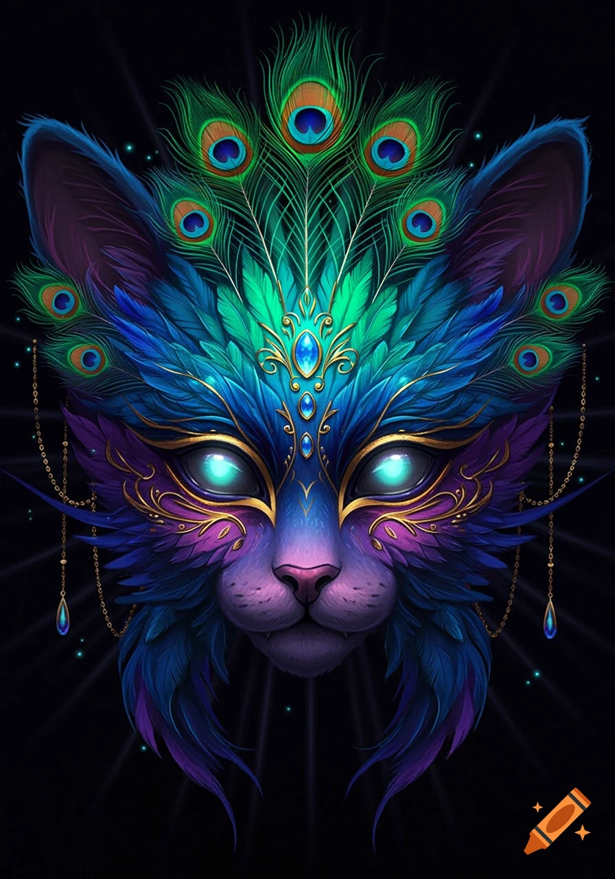 A stylized cat mask adorned with vibrant blue and green peacock feathers and golden accents, with glowing eyes on a dark background.