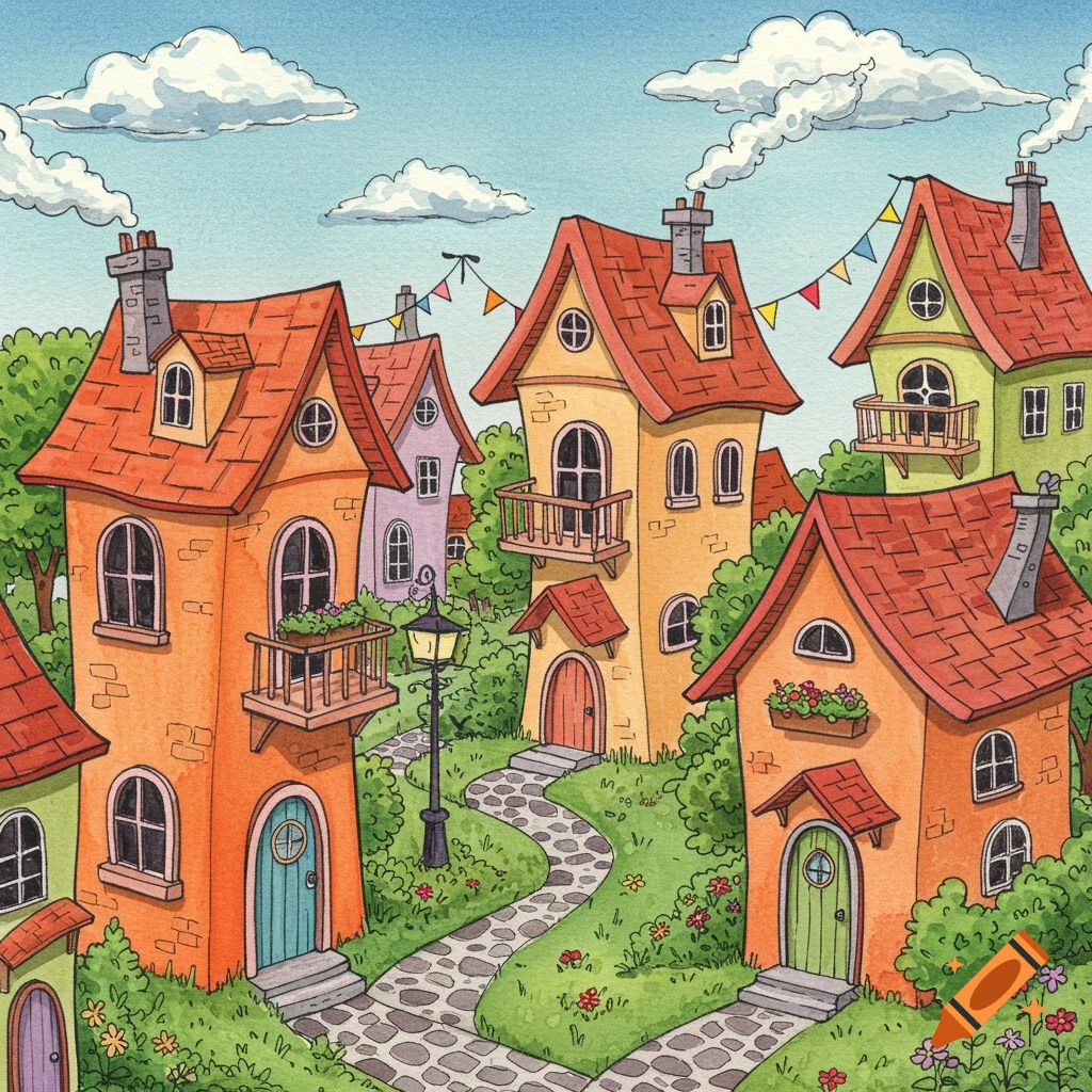 A vibrant watercolor and ink illustration of whimsical, colorful houses with red roofs nestled in a green landscape with a winding stone path under a blue sky.