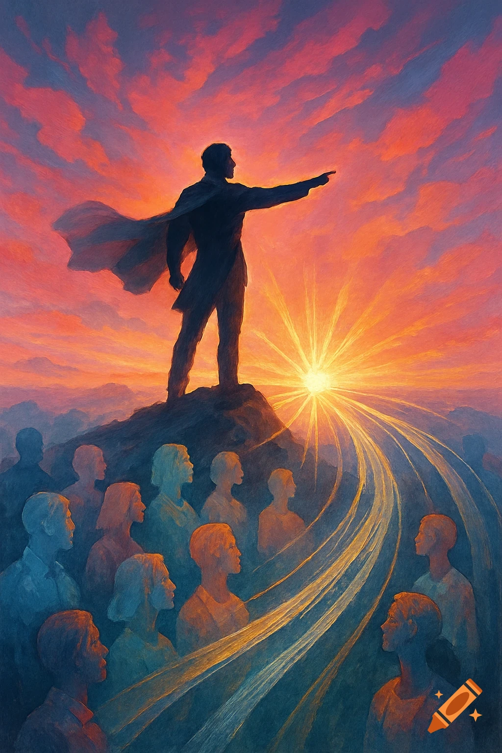 A silhouette of a leader on a hill pointing at a vibrant rising sun, with a crowd of people watching under an orange sky in a painterly style.