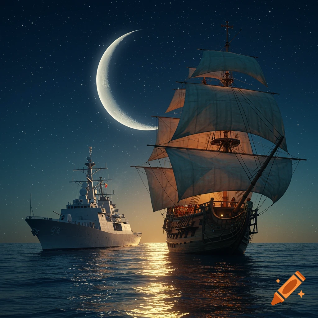 A modern navy frigate and an old Spanish galleon sail on a moonlit sea under a starry night sky.
