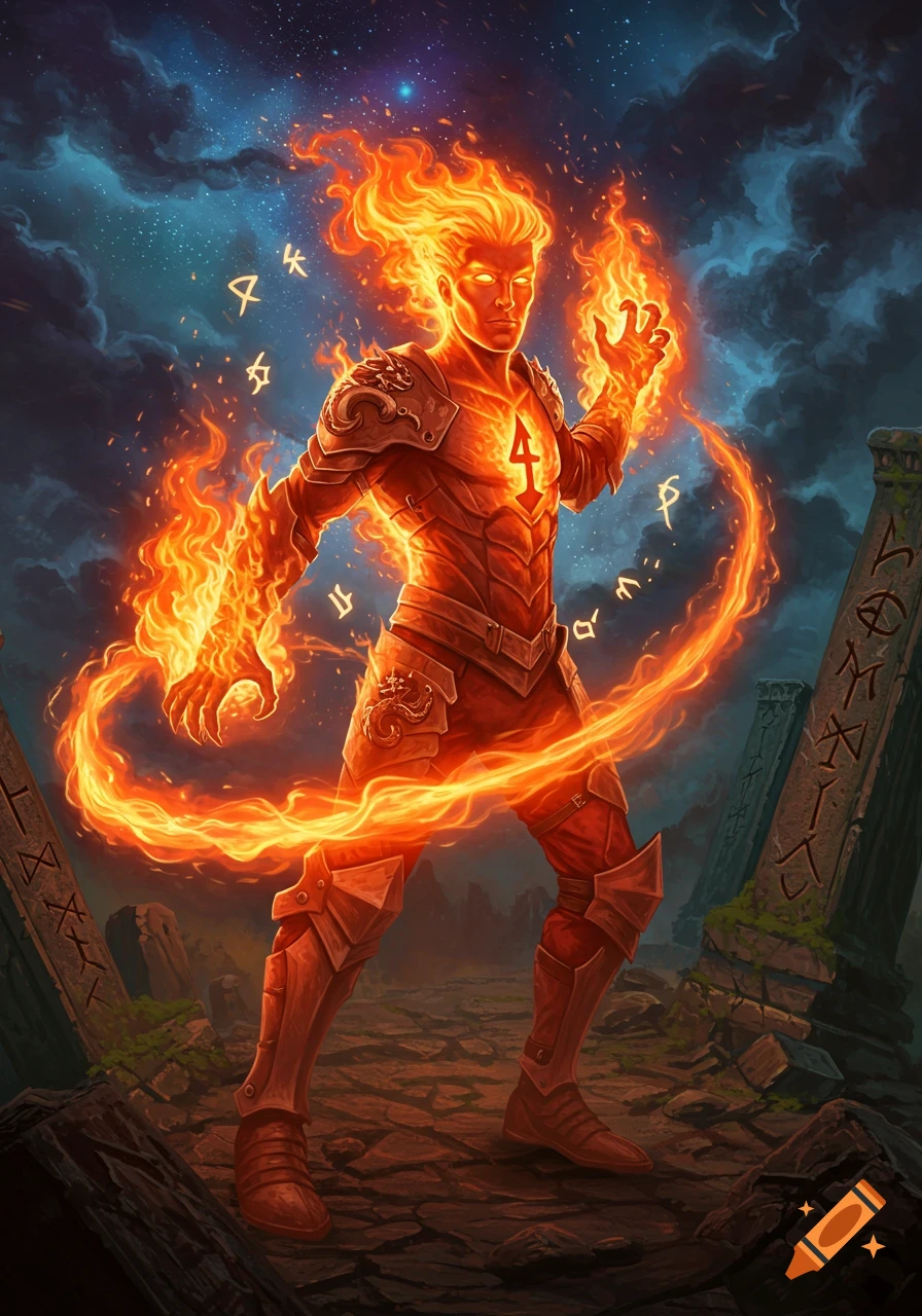 A powerful fiery man, resembling Johnny Storm or Human Torch, stands in a landscape of ancient ruins under a starry night sky, surrounded by swirling flames and glowing runes in this digital fantasy artwork.
