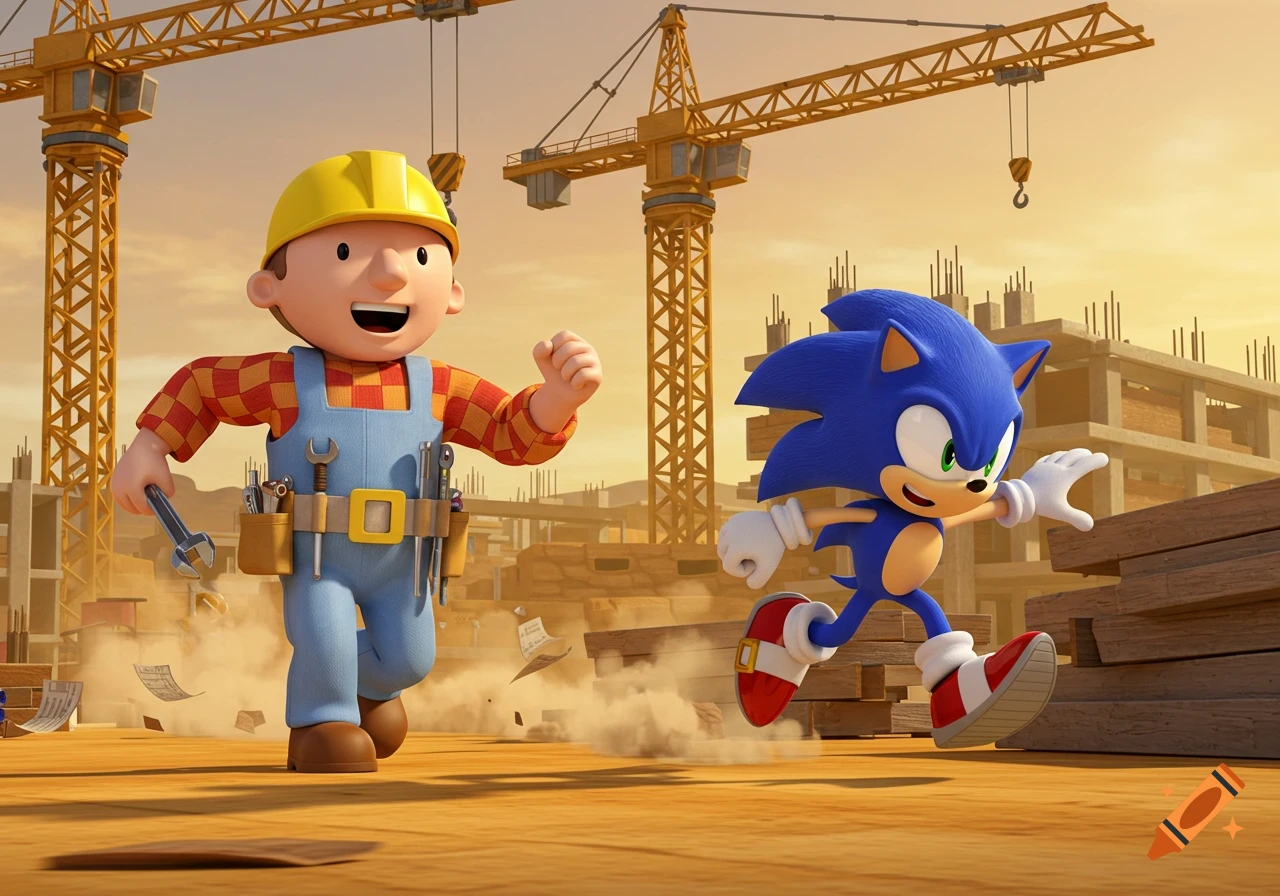 Bob the Builder and Sonic the Hedgehog run at a vibrant construction site with cranes under a warm sky, in a 3D animated style.