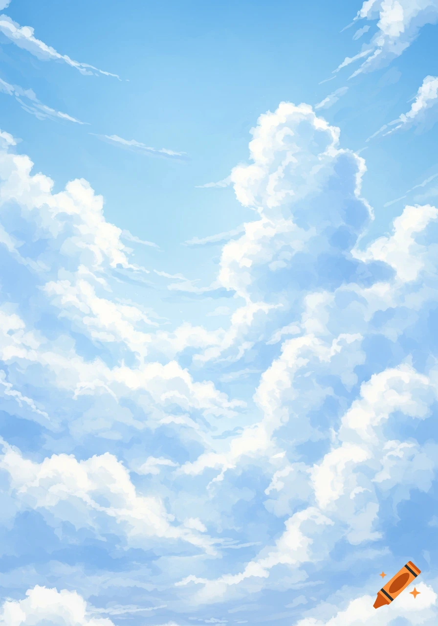 A vibrant light blue sky filled with fluffy white cumulus clouds, rendered in a bright anime art style.