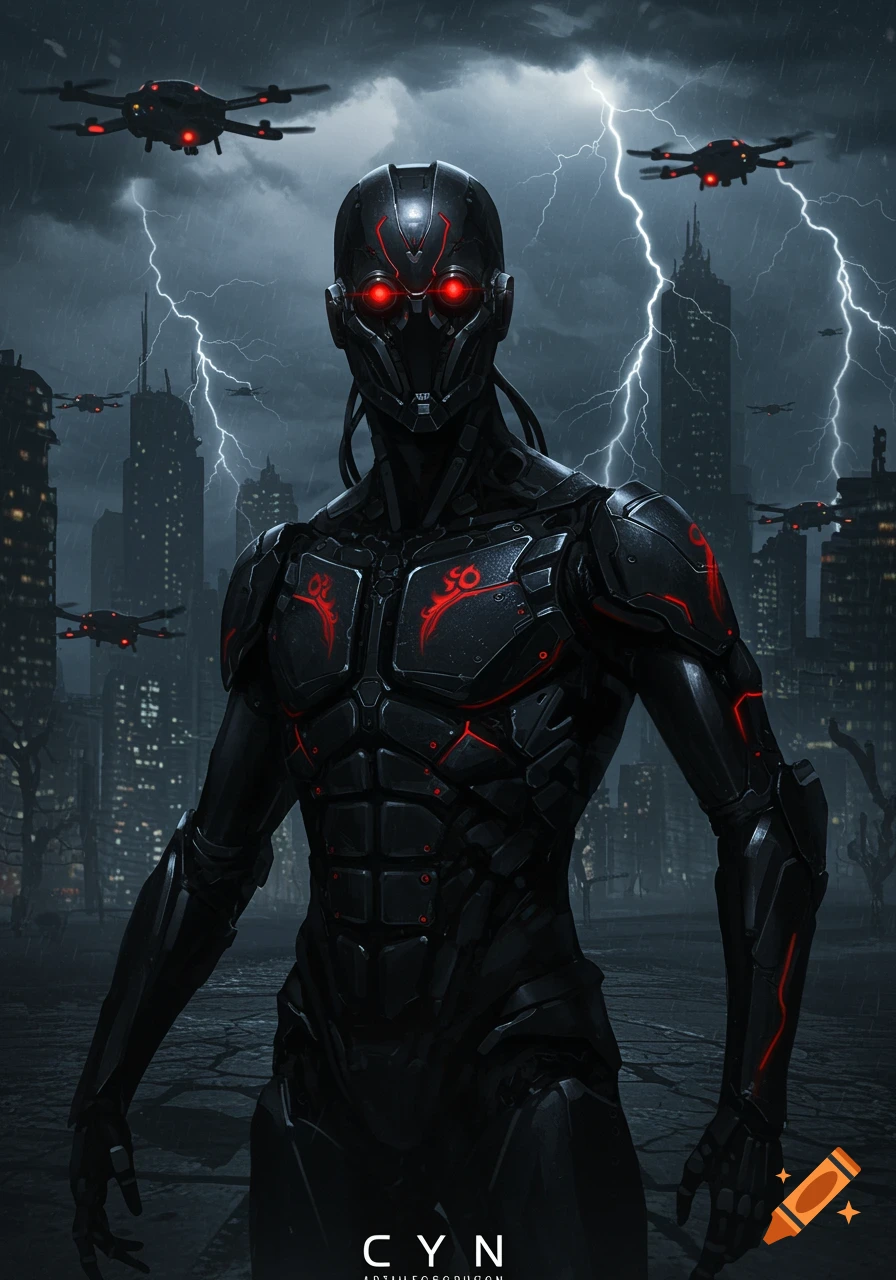 A dark, futuristic robotic figure with glowing red eyes and tribal markings stands in a rainy, lightning-struck dystopian city as drones fly overhead.
