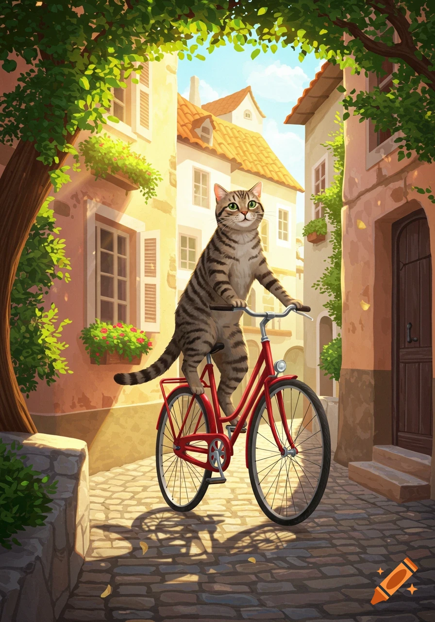 A tabby cat rides a red bicycle down a sunlit, cobblestone street lined with old European-style buildings and green trees.