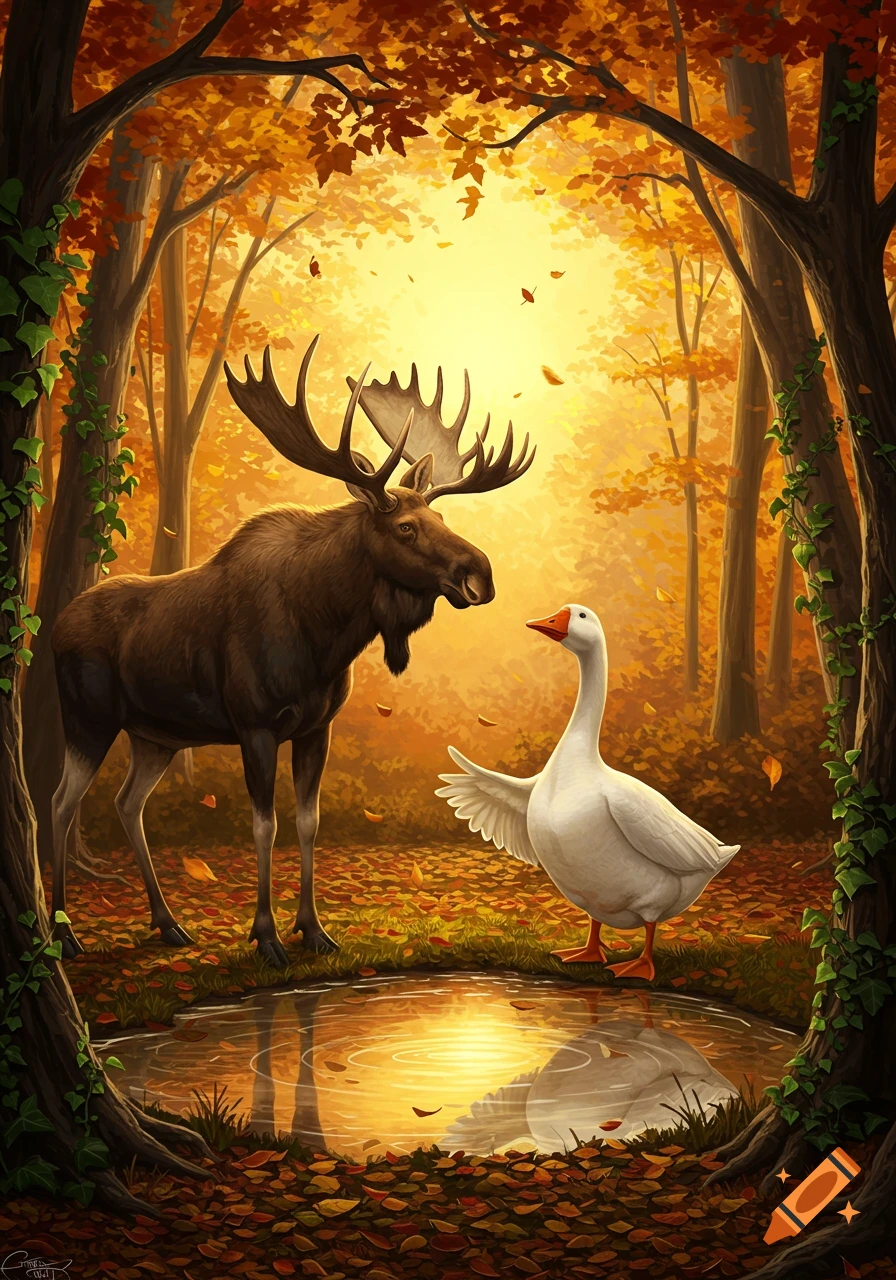 A moose and a white goose stand by a pond in a vibrant autumn forest with golden leaves.