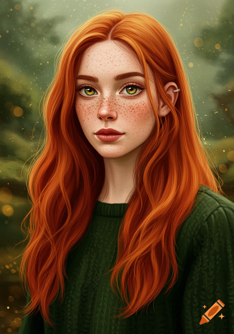 Digital painting of a red-headed girl with freckles and green eyes wearing a green sweater.