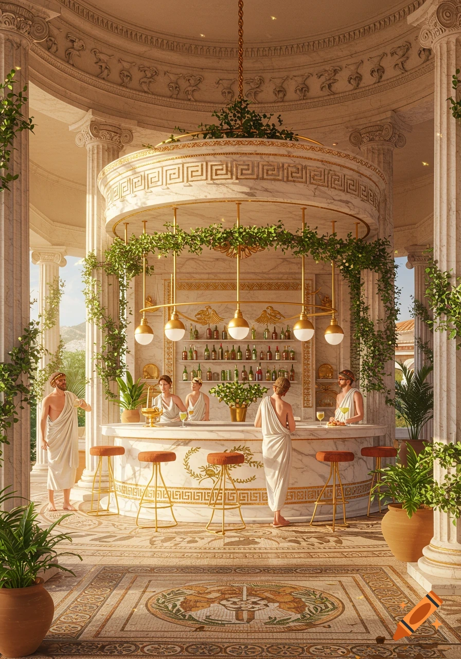 A grand, circular bar in a classical Greek style, with marble columns, golden accents, and hanging greenery. Several people in white togas are at or near the bar, which is stocked with bottles and glasses.
