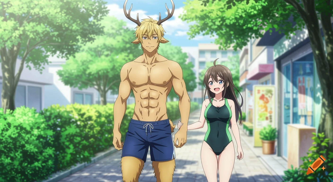 Anime style image of a blond satyr-like man with antlers and a brunette woman in swimsuits walking hand-in-hand down a sidewalk.