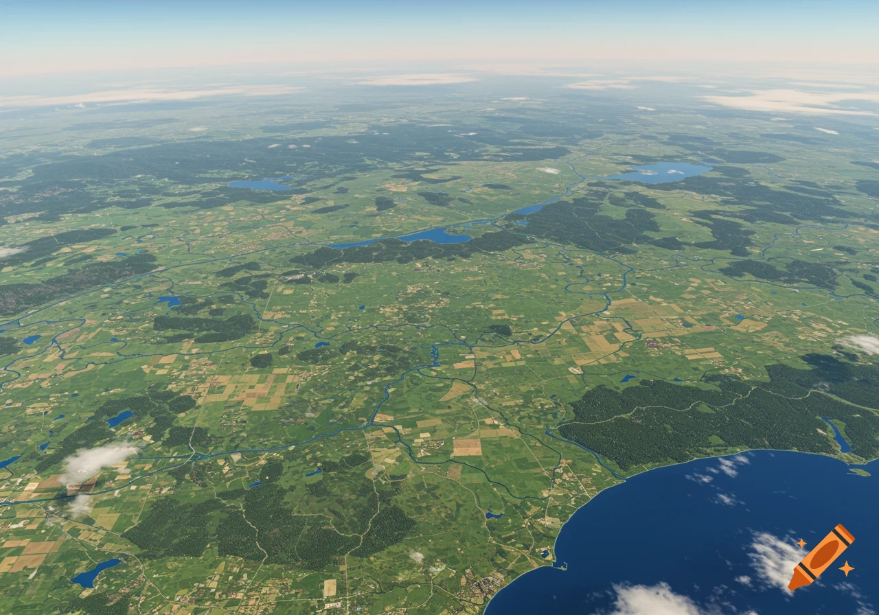 A high aerial view of a vast green landscape featuring winding rivers, numerous lakes, dense forests, and a coastline meeting a large body of water.