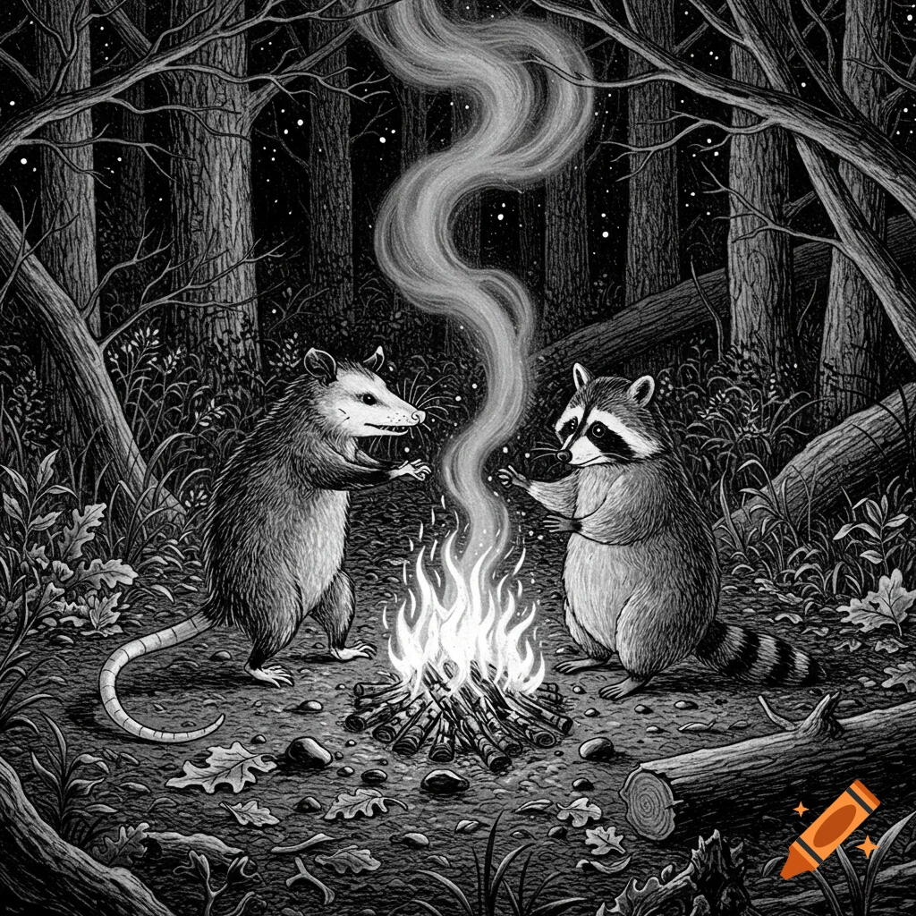 Black and white illustration of a possum and raccoon standing by a campfire in a dark forest.