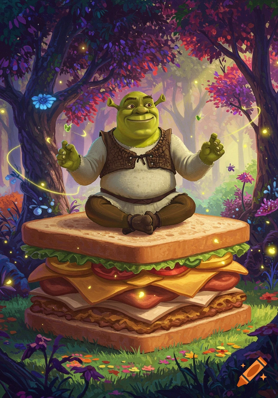 Shrek sits cross-legged atop a giant multi-layered sandwich in a vibrant, magical forest with glowing particles.