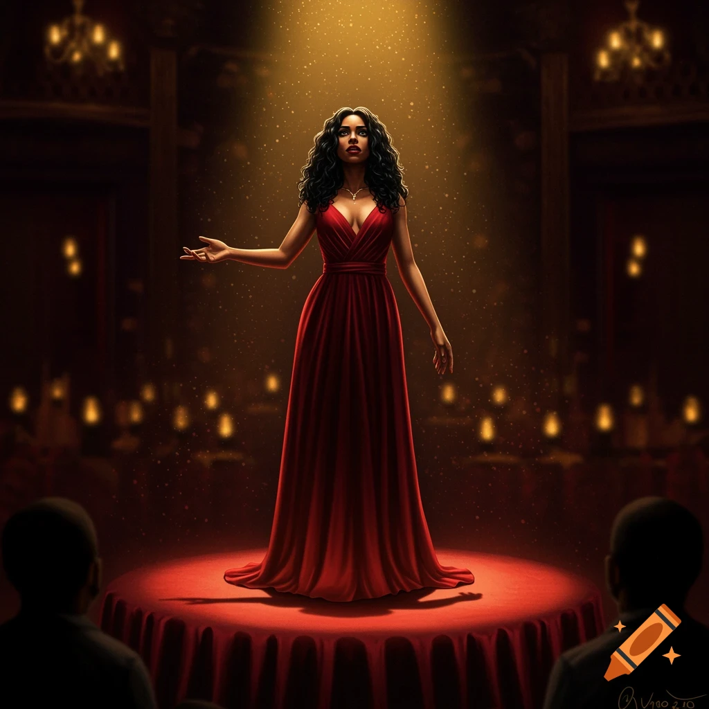 A woman in a red gown stands on a stage under a spotlight, performing for an audience.