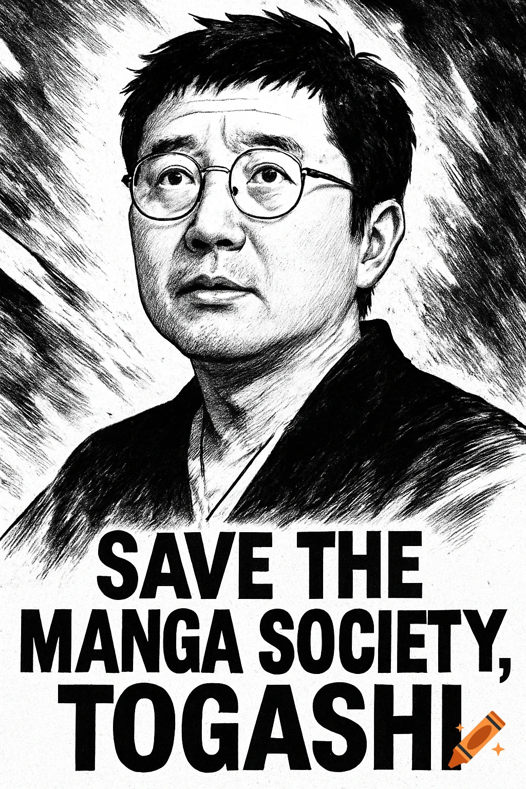 Black and white sketch portrait of Yoshihiro Togashi with text 'SAVE THE MANGA SOCIETY, TOGASHI'.
