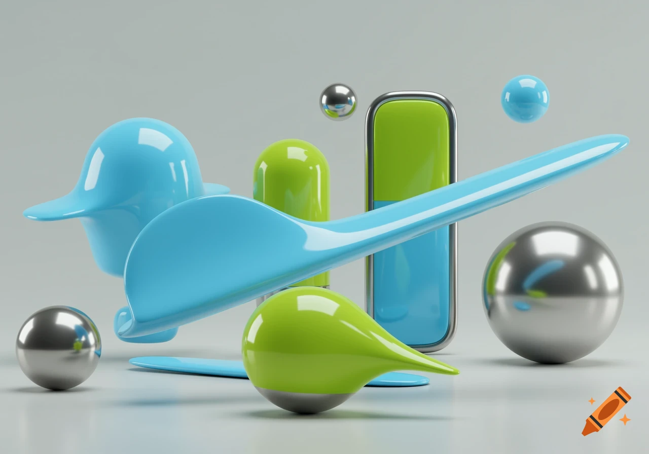 Abstract 3D render of glossy light blue, bright green, and silver shapes on a light gray background.