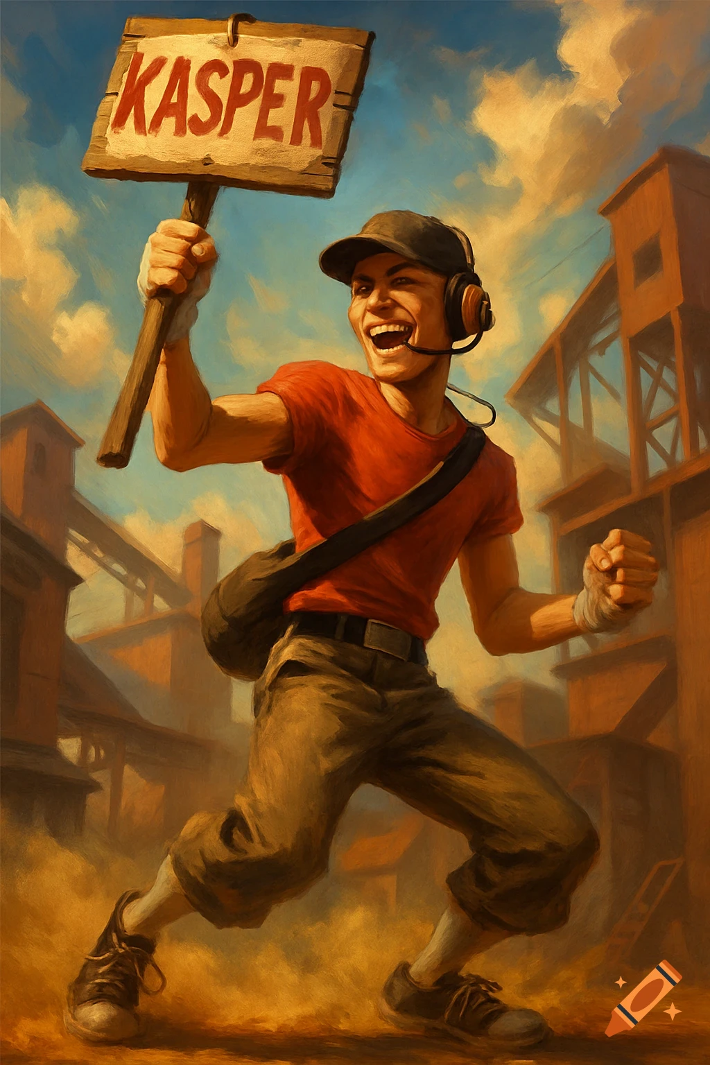 Painterly depiction of Team Fortress 2's Scout character running and shouting, holding a 'KASPER' sign in an industrial battlefield.