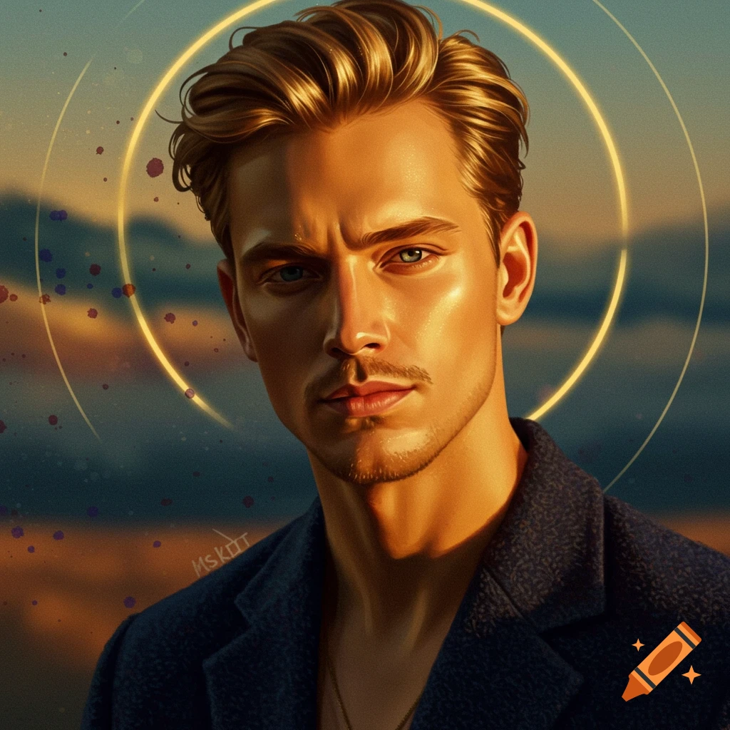 A digital art portrait of a man with blonde hair and a mustache, illuminated by golden light, against a blurred background with a glowing halo.