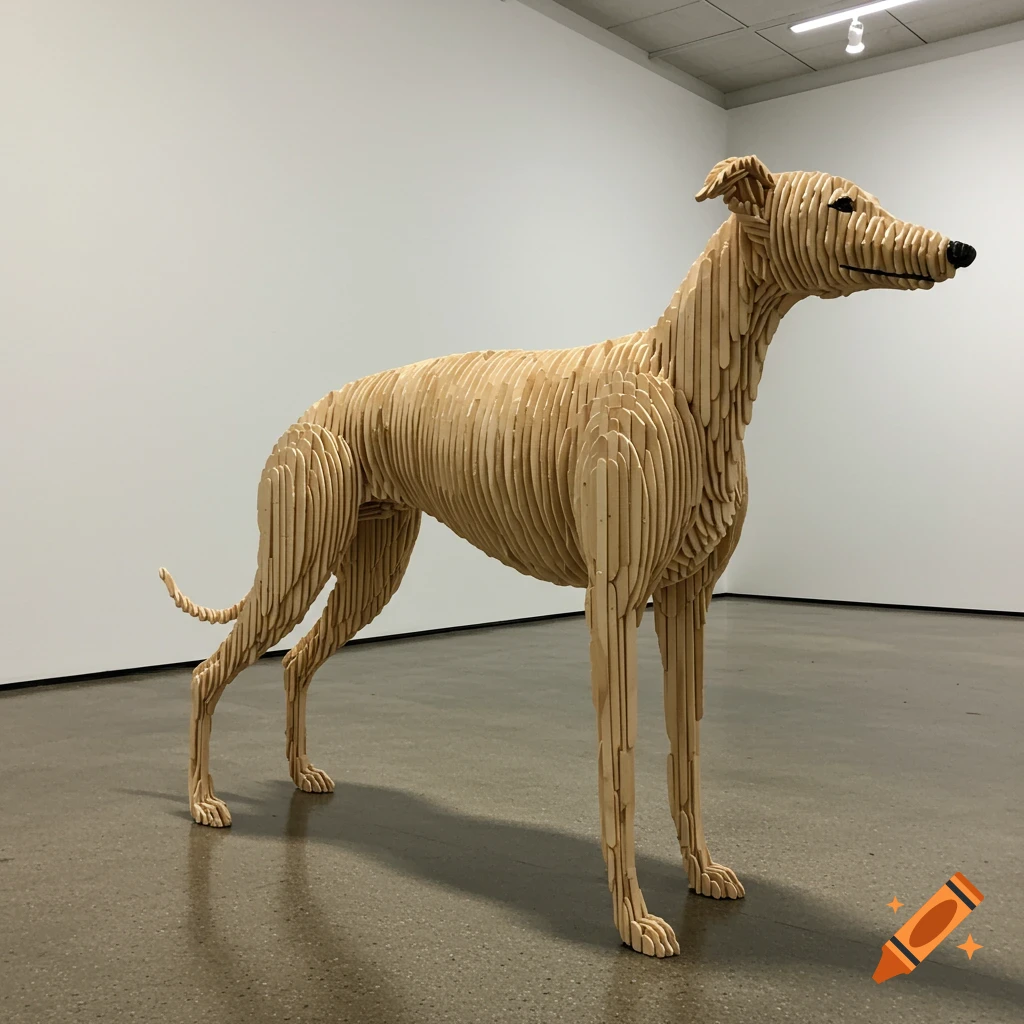 A life-size sculpture of a greyhound dog made from layered wooden slats, standing on a polished floor in a bright art gallery.